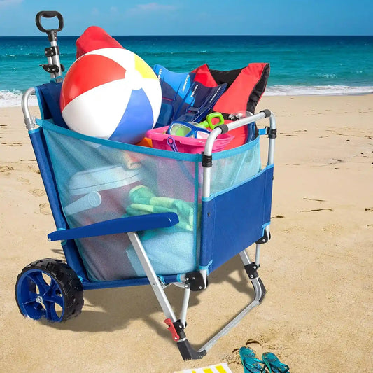Folding beach chair with a built-in cart and heavy-duty wheels—perfect for the beach, backyard, pool, or picnics