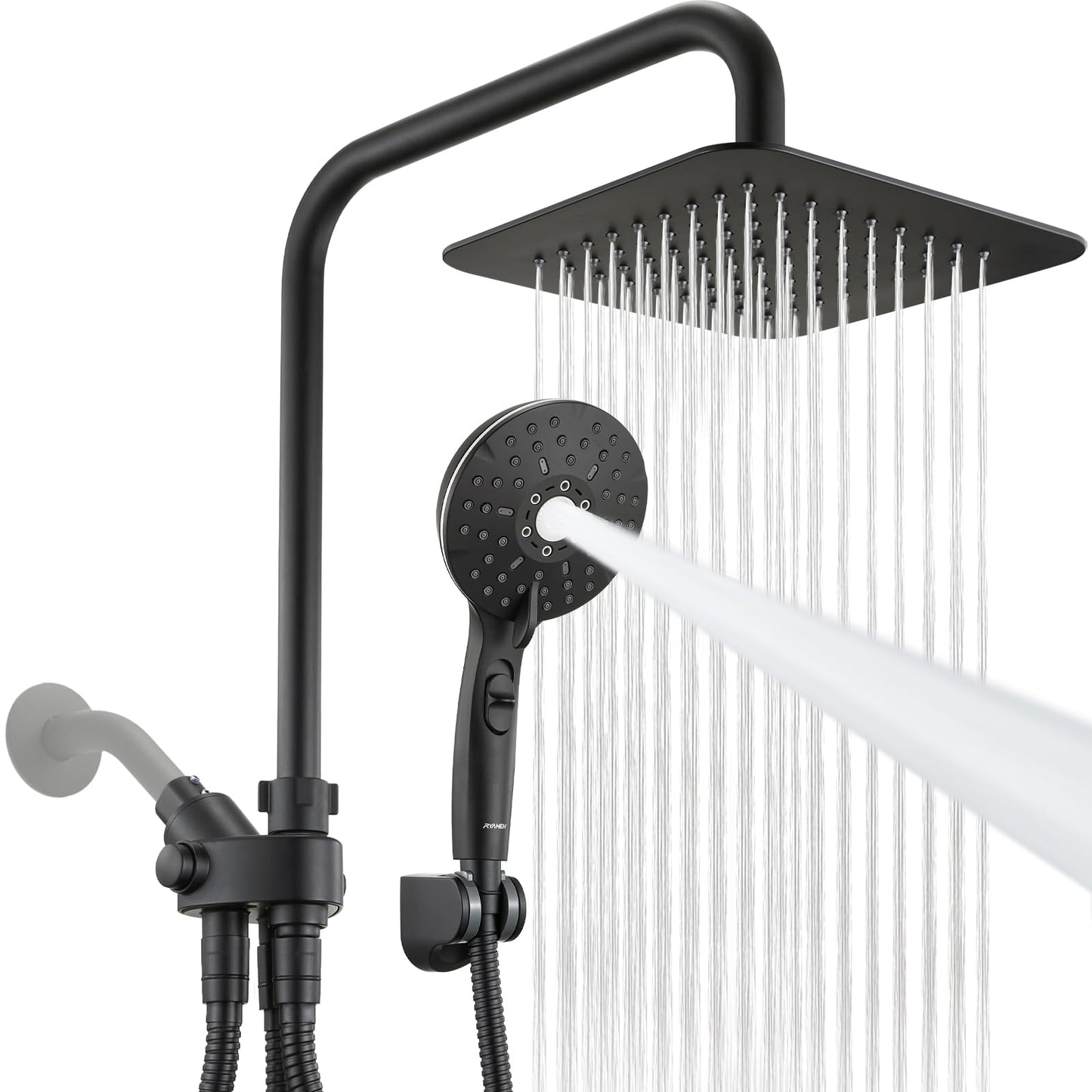 Handheld showerhead with 6+1 spray modes, height-adjustable, one-touch pause button, chrome-plated finish