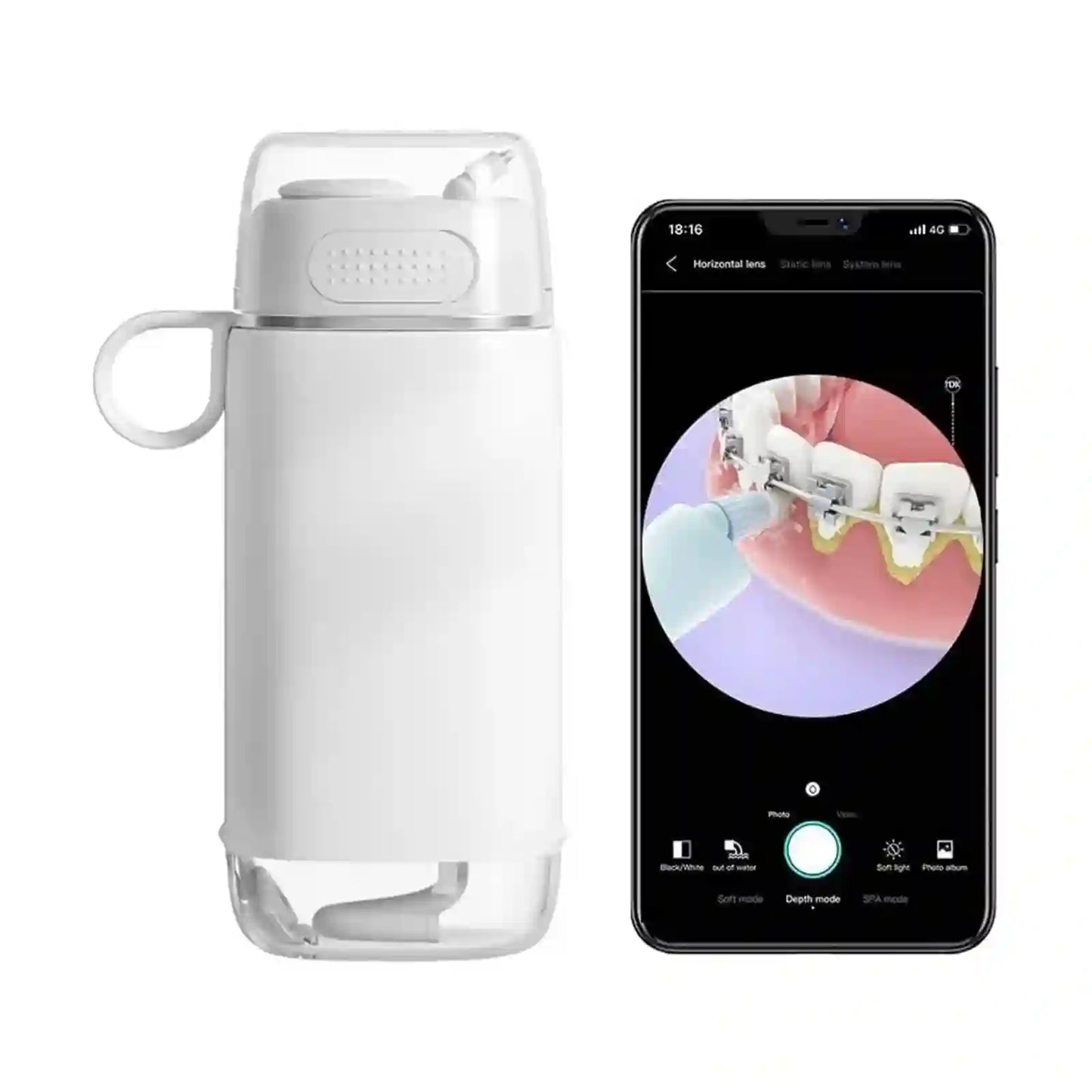 Portable cordless oral irrigator, equipped with a 5-megapixel 1080p camera with a built-in camera.