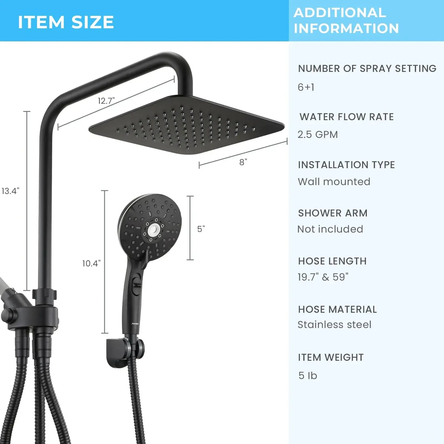 Handheld showerhead with 6+1 spray modes, height-adjustable, one-touch pause button, chrome-plated finish