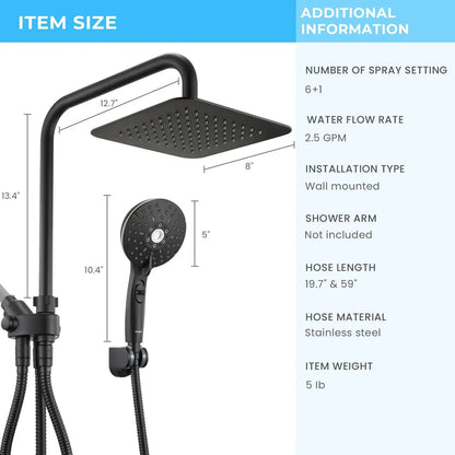 Handheld showerhead with 6+1 spray modes, height-adjustable, one-touch pause button, chrome-plated finish