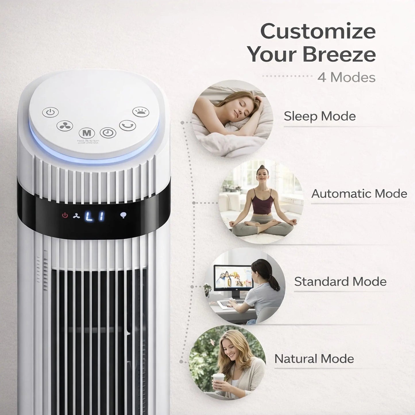 Blade-less oscillating fan with remote control, 5 speed settings and 4 modes