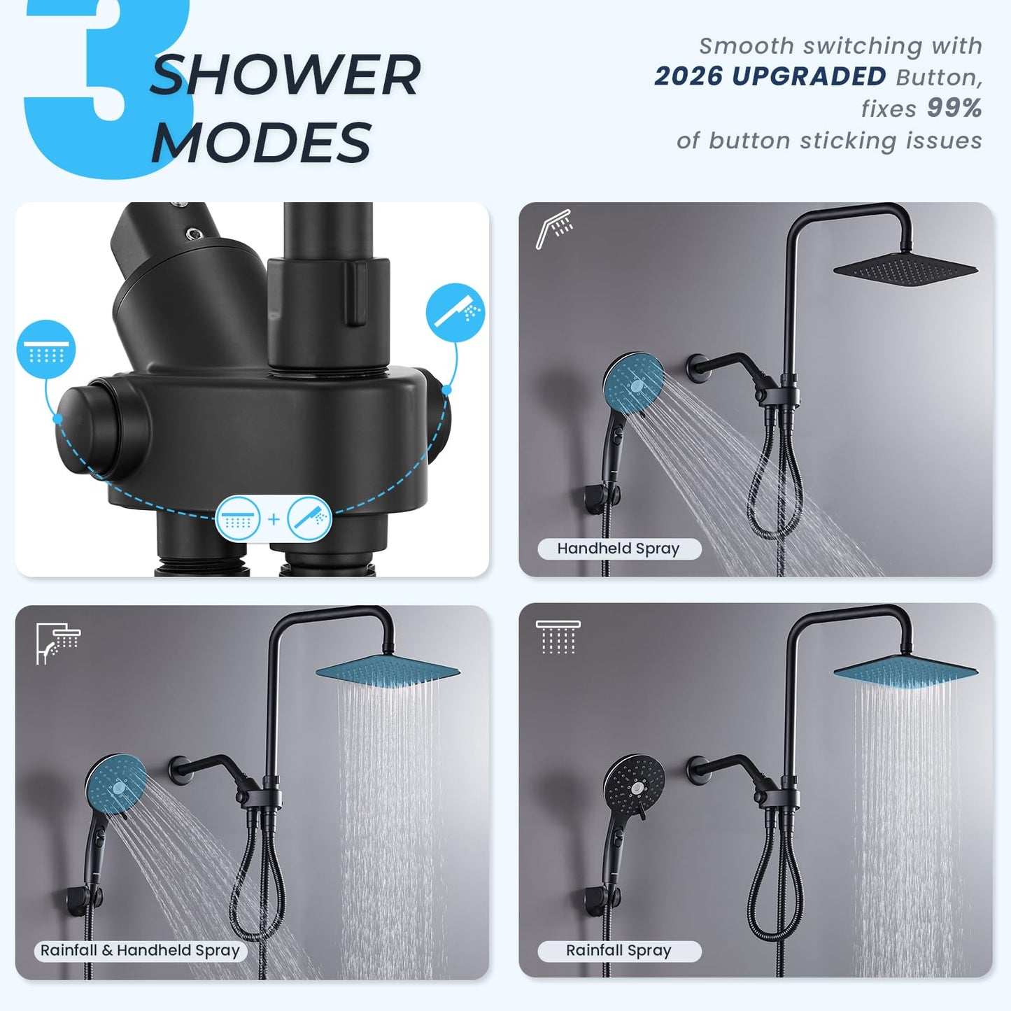 Handheld showerhead with 6+1 spray modes, height-adjustable, one-touch pause button, chrome-plated finish