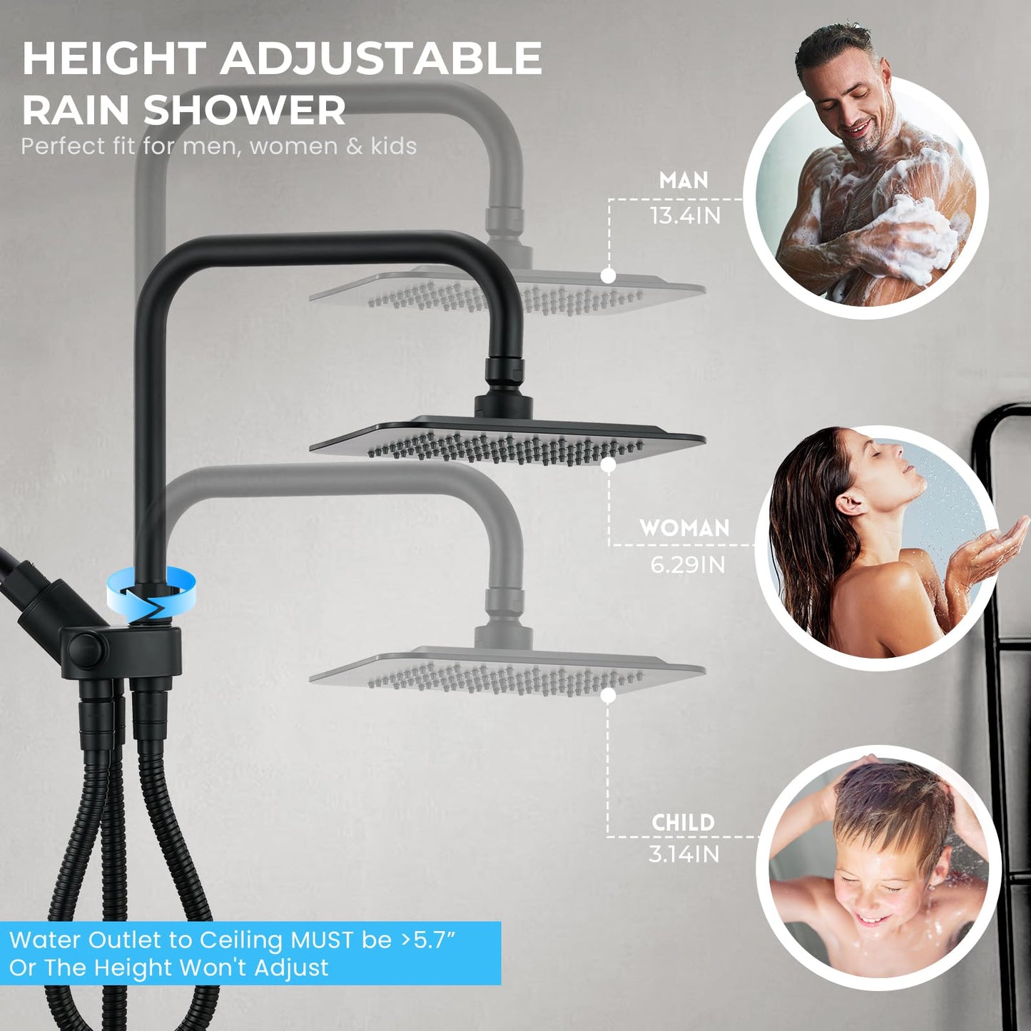 Handheld showerhead with 6+1 spray modes, height-adjustable, one-touch pause button, chrome-plated finish