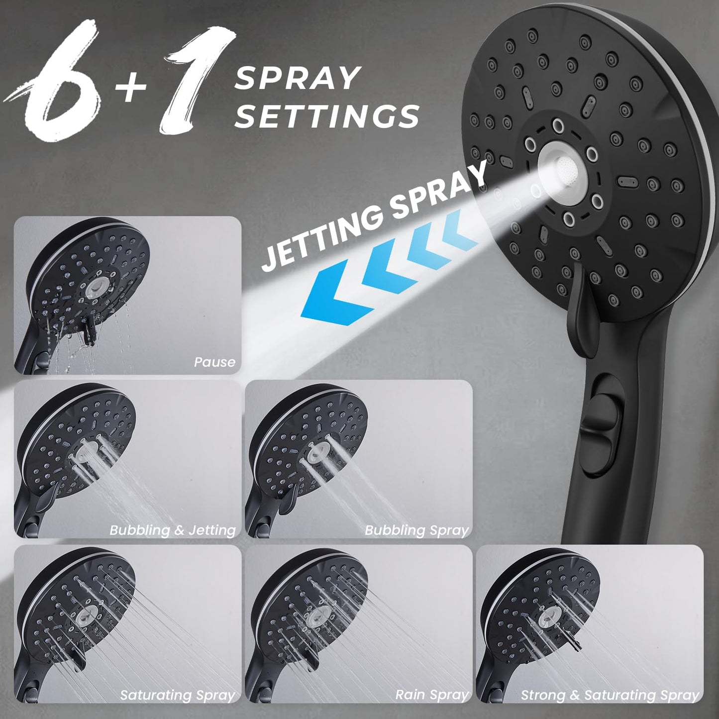 Handheld showerhead with 6+1 spray modes, height-adjustable, one-touch pause button, chrome-plated finish