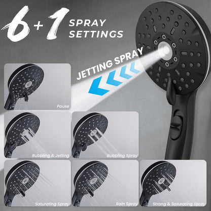 Handheld showerhead with 6+1 spray modes, height-adjustable, one-touch pause button, chrome-plated finish