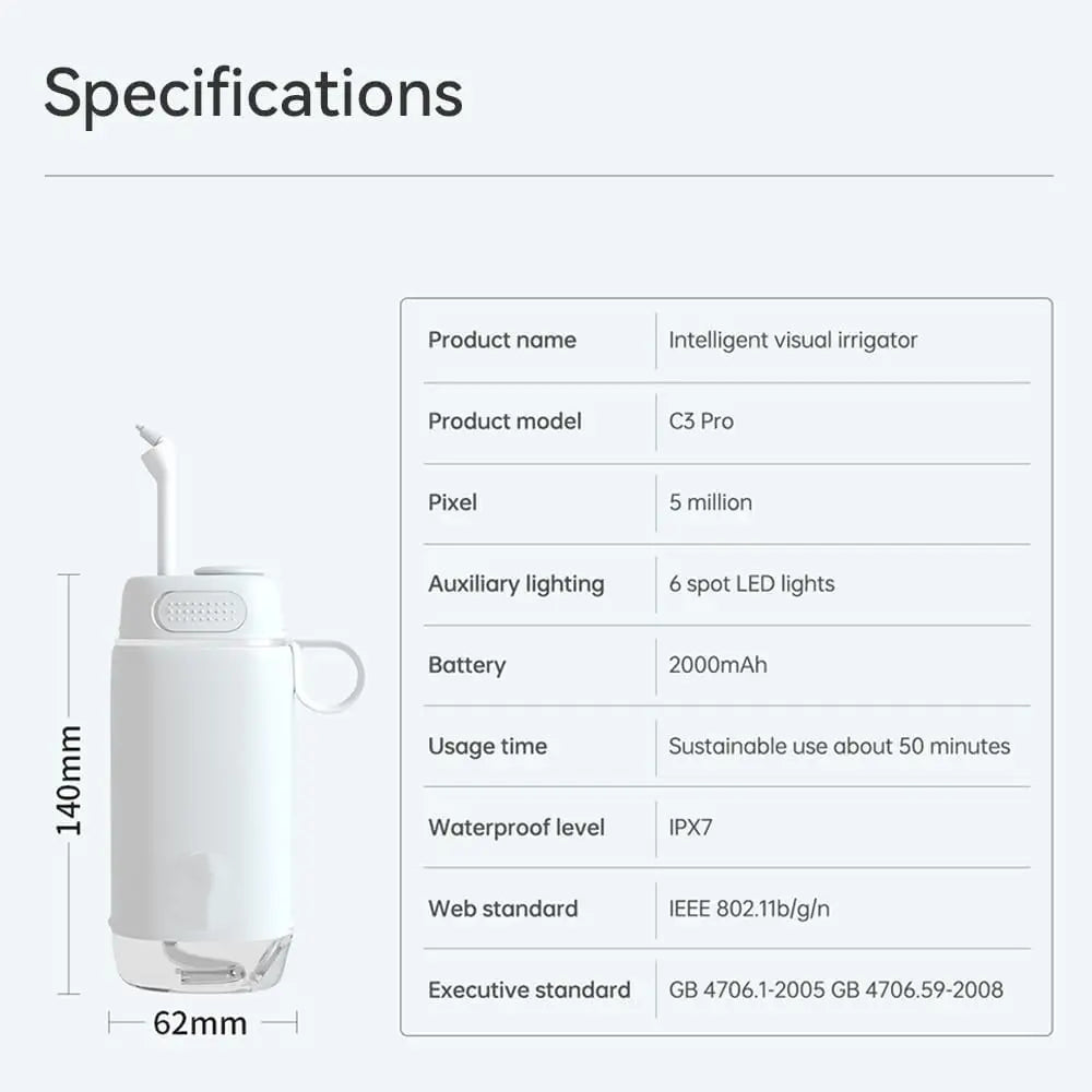 Portable cordless oral irrigator, equipped with a 5-megapixel 1080p camera with a built-in camera.