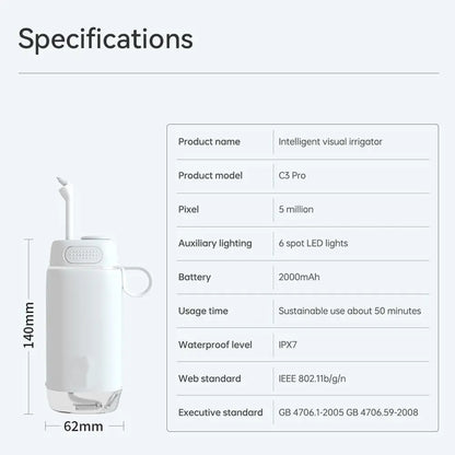 Portable cordless oral irrigator, equipped with a 5-megapixel 1080p camera with a built-in camera.