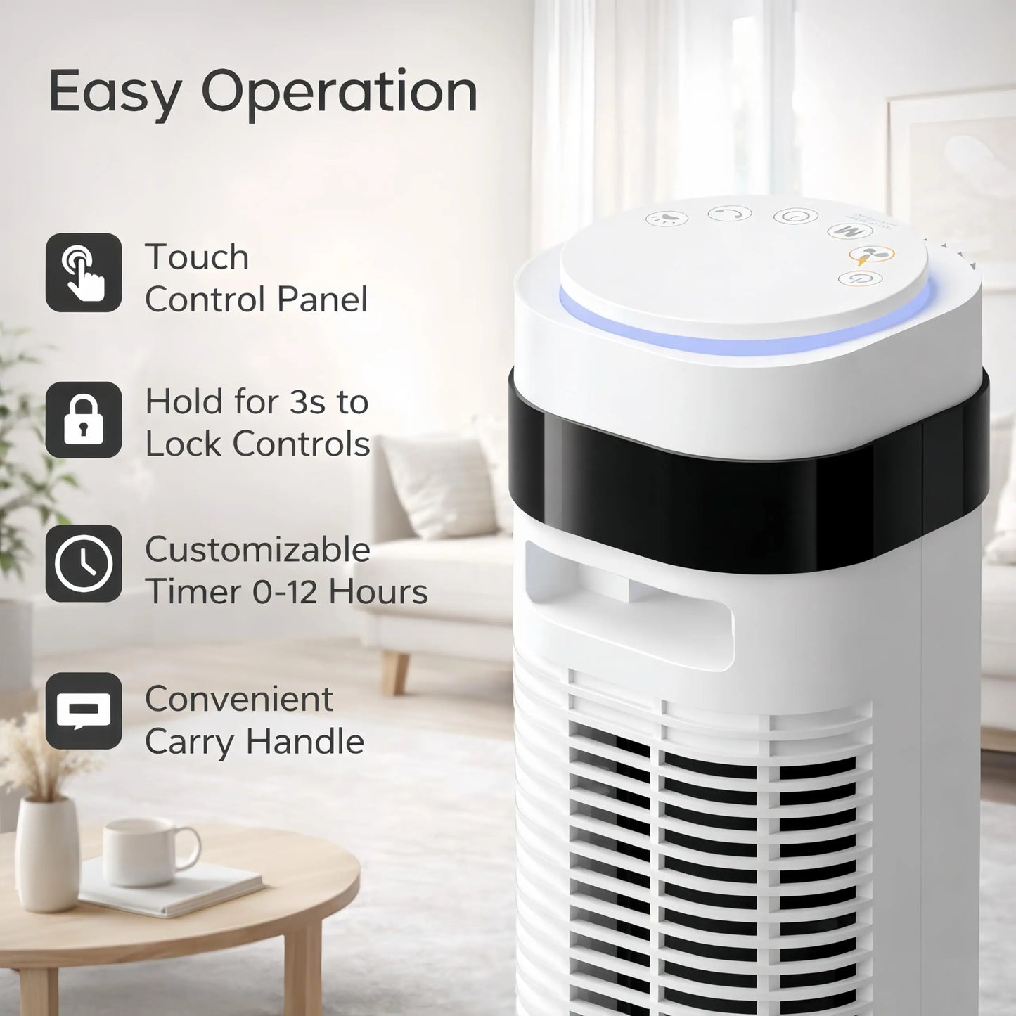 Blade-less oscillating fan with remote control, 5 speed settings and 4 modes