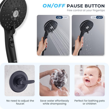 Handheld showerhead with 6+1 spray modes, height-adjustable, one-touch pause button, chrome-plated finish