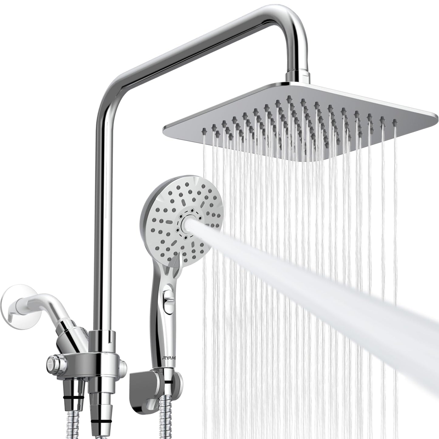 Handheld showerhead with 6+1 spray modes, height-adjustable, one-touch pause button, chrome-plated finish