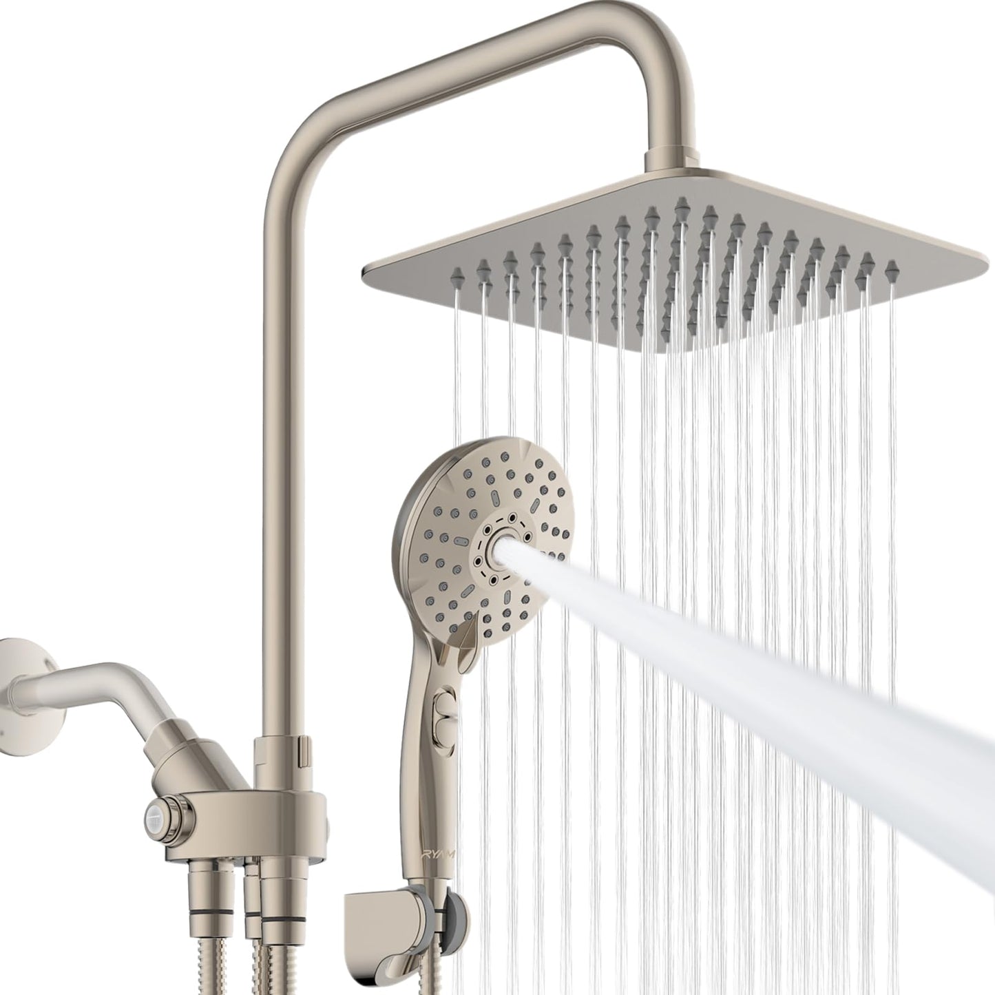 Handheld showerhead with 6+1 spray modes, height-adjustable, one-touch pause button, chrome-plated finish